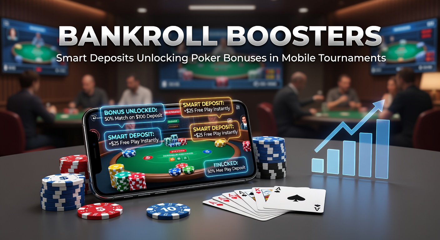 Speler checkt mobiele pokerapp met bonusmelding op scherm, terwijl kaarten en chips op tafel liggen
