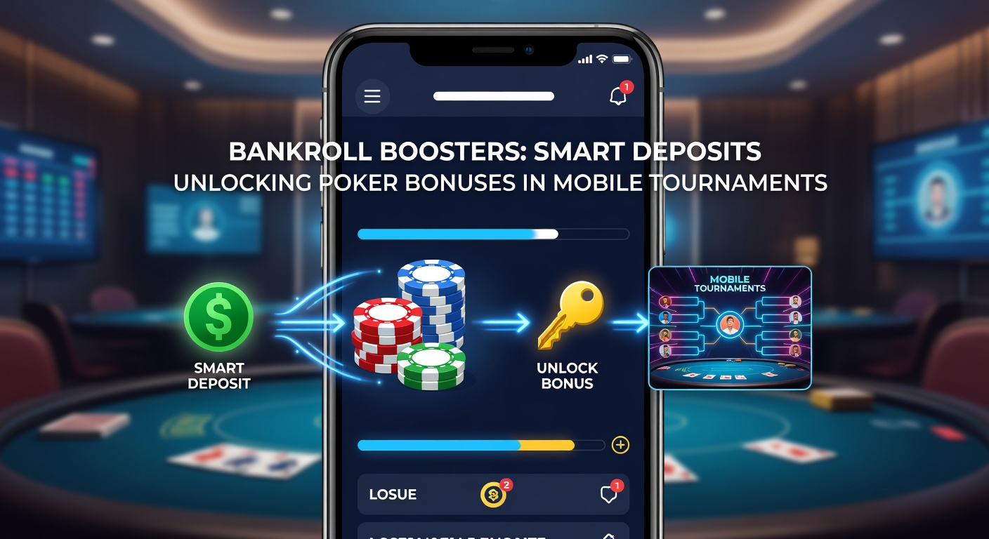 Grafiek toont groei van bankroll door bonussen in mobiel pokertoernooi, met stijgende lijn en pokerfiches
