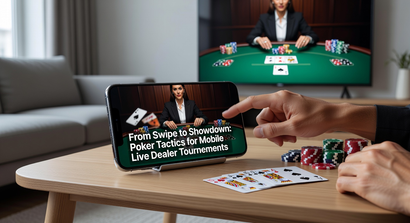 Speler veegt op mobiel scherm tijdens live poker toernooi met dealer op achtergrond