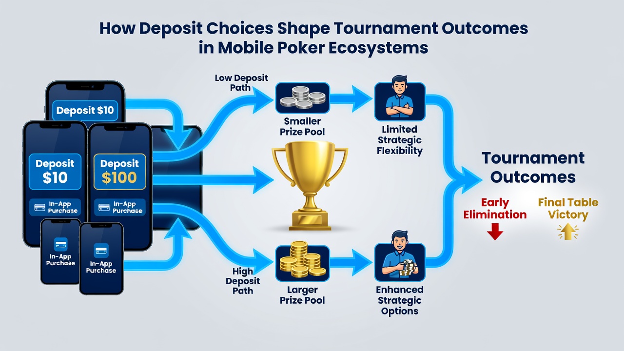 Speler die een mobiel pokertoernooi beheert met zichtbare stortingsgeschiedenis en stackgroei