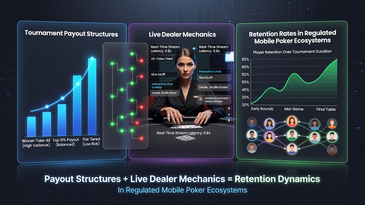 Illustratie van mobiele poker app met live dealer en toernooistructuur