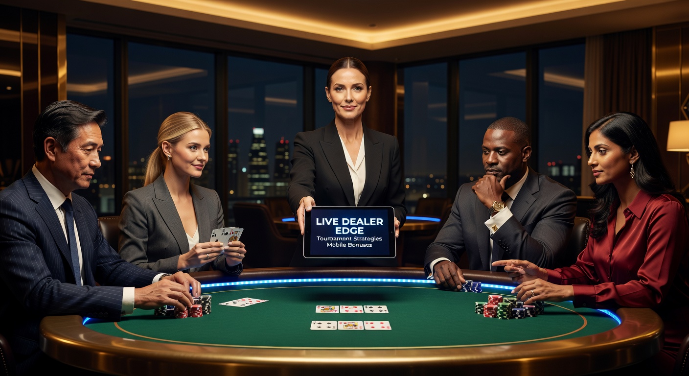 Live dealer leidt een intens pokertoernooi aan een groene tafel met kaarten en fiches in een luxe online pokerroom