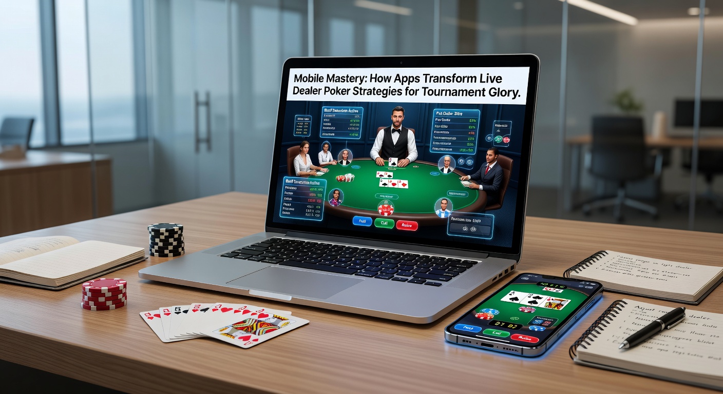 Speler aan mobiele telefoon met live dealer poker tafel op scherm, toernooi actie in volle gang