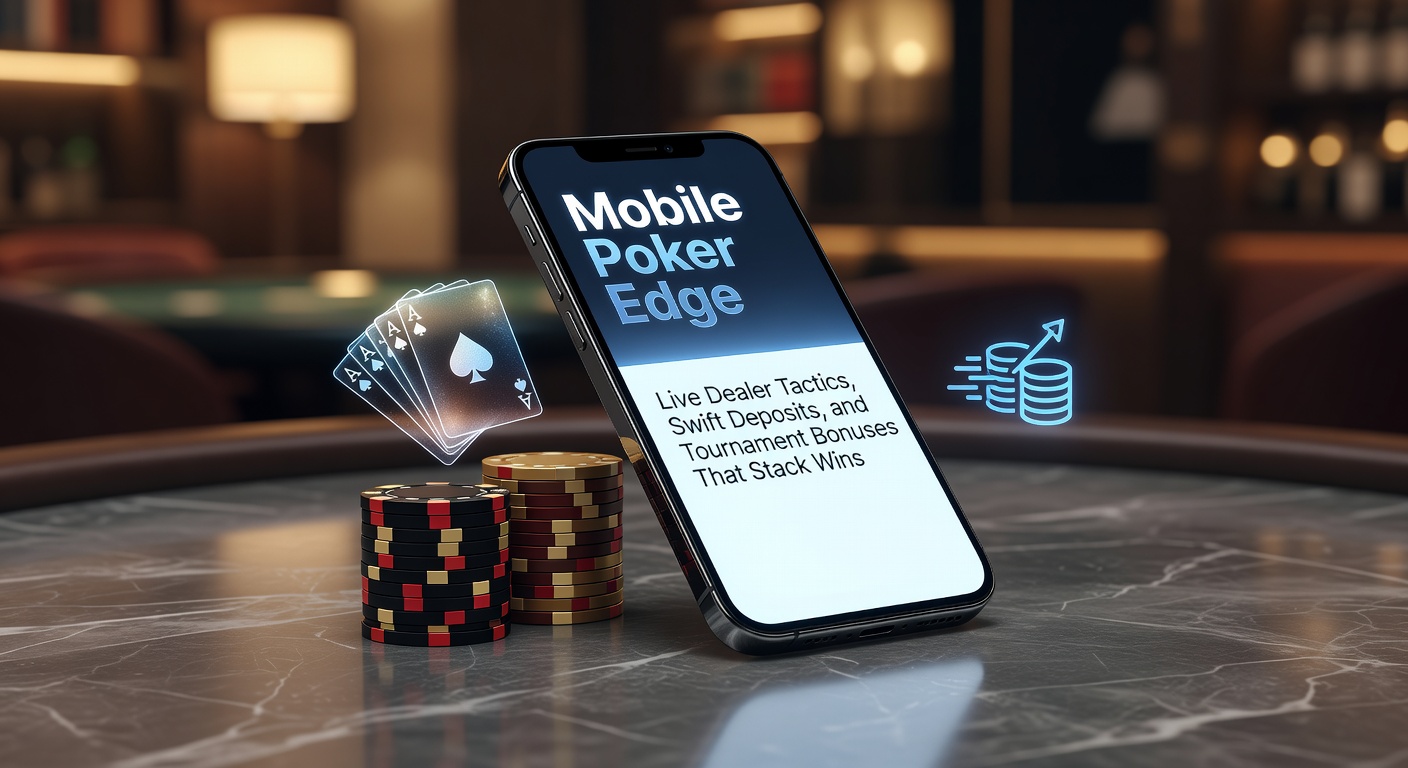 Speler met mobiele telefoon aan een virtuele pokertafel met live dealer, kaarten en chips in actie