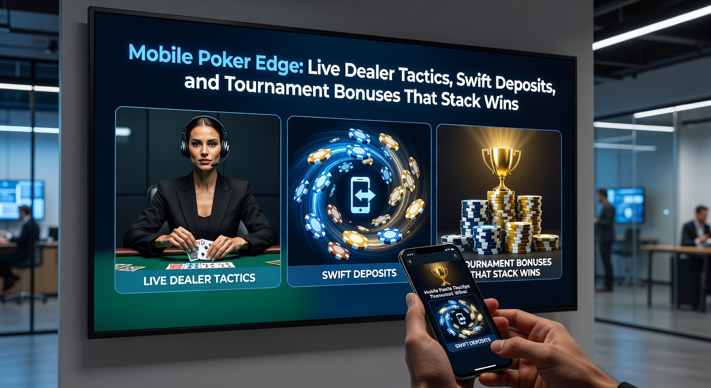 Close-up van een mobiel scherm met live poker dealer, tournament leaderboard en bonus popup