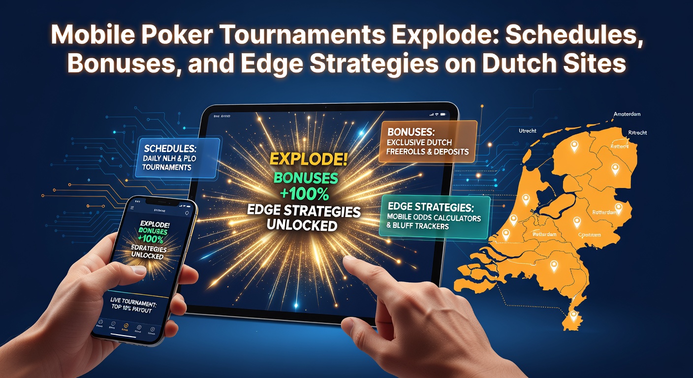 Speler met smartphone aan pokertoernooi op Nederlands online platform, met toernooirooster op scherm
