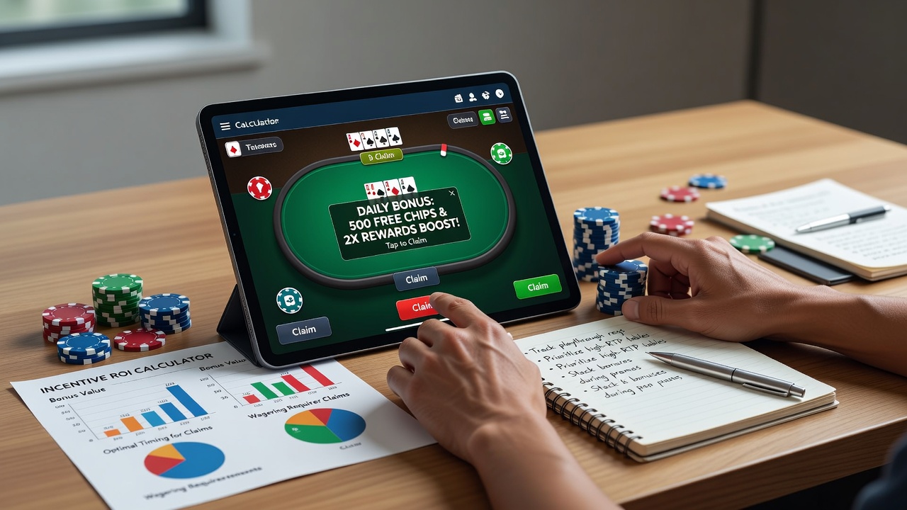 Speler die mobiele pokerstrategie analyseert op tablet met bonusberekeningen