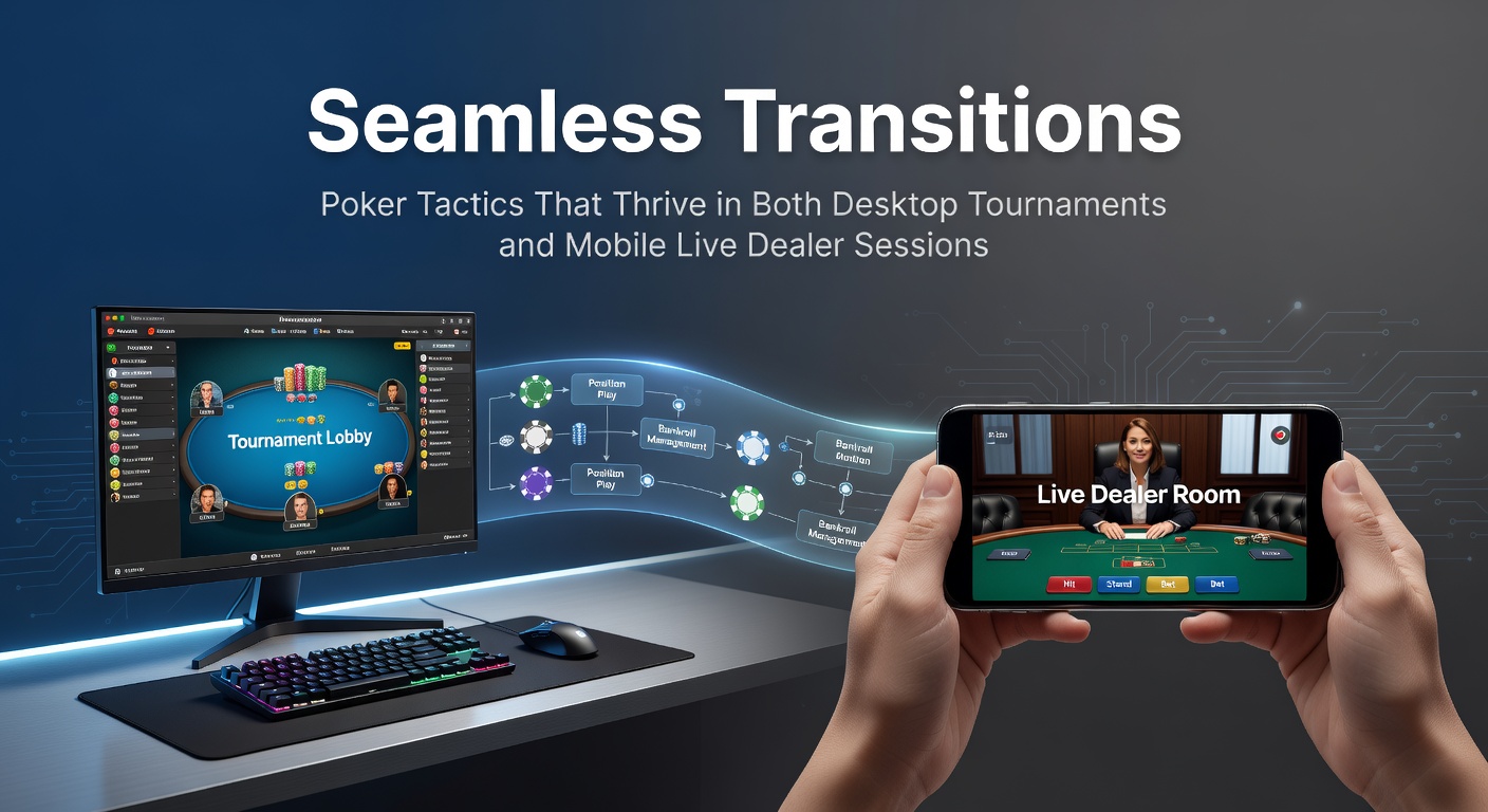 Poker speler schakelt naadloos over van desktop toernooi naar mobiele live dealer sessie op smartphone, met kaarten en chips in focus