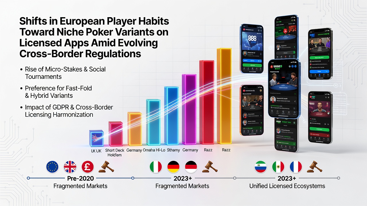 Mobiele app interface met niche poker varianten en compliance indicatoren