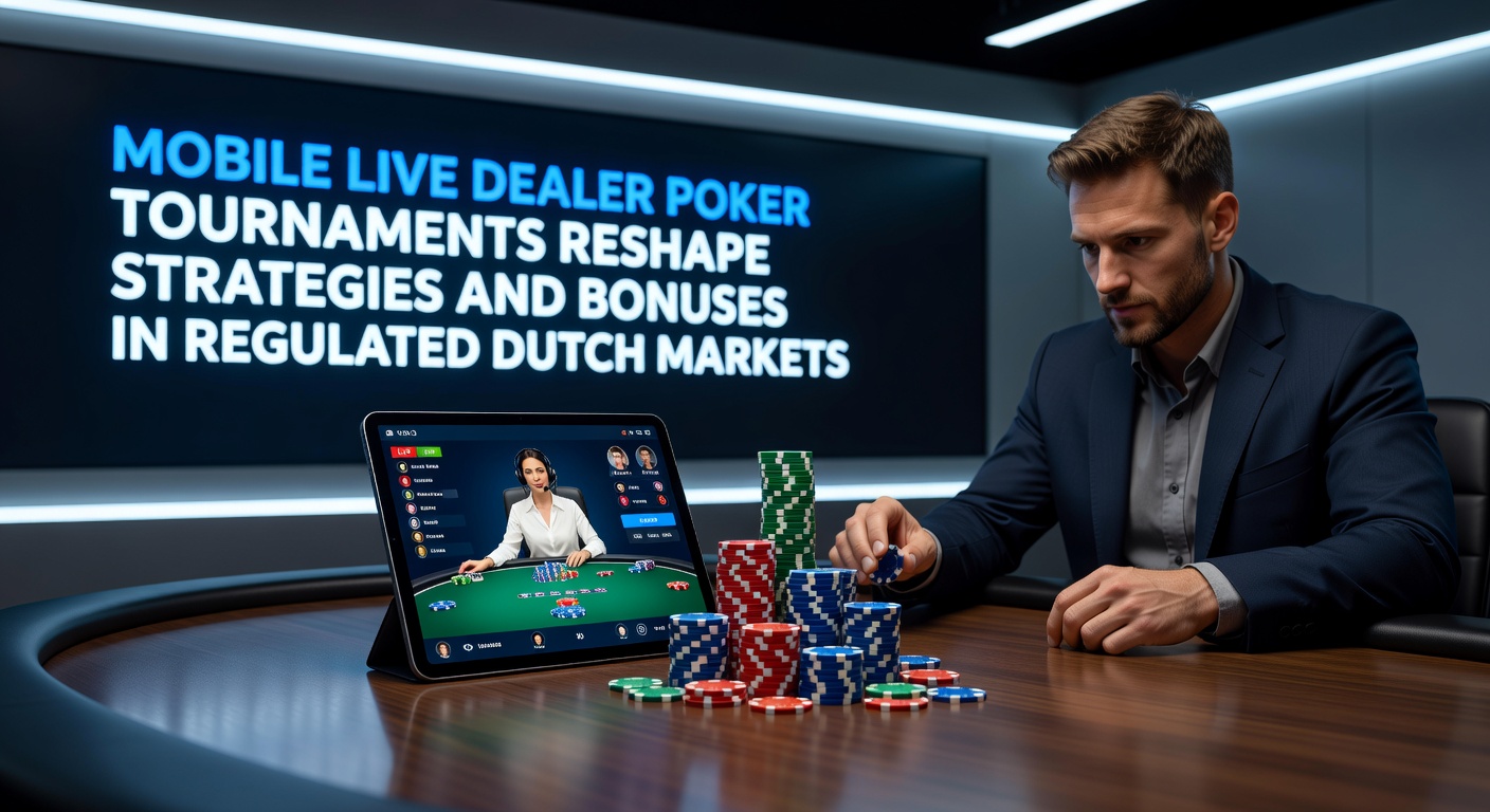 Speler met hoge stapel fiches aan een mobiele live dealer pokertafel, met smartphone in beeld tijdens een toernooi in Nederland