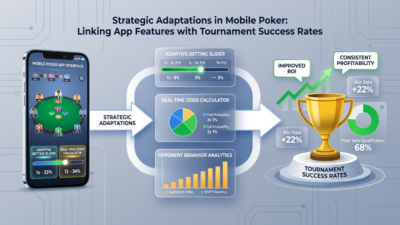 Speler die mobiel pokertoernooi speelt met focus op app-statistieken en aanpassingen