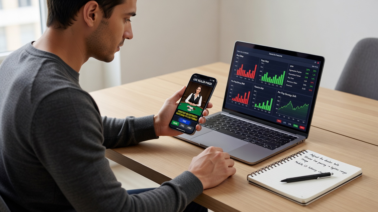 Speler die pokerspelstrategie aanpast op mobiele live dealer sessie