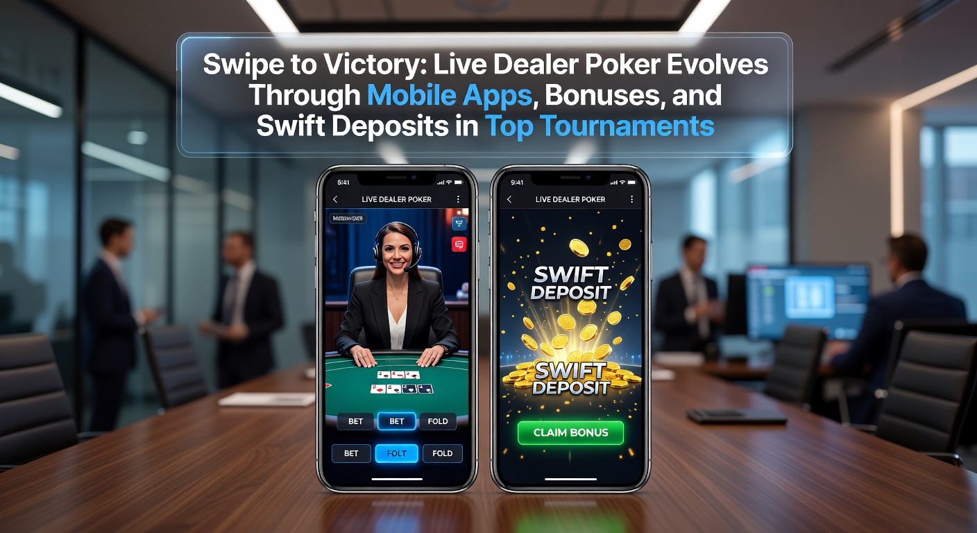 Speler veegt op mobiele app tijdens live dealer poker toernooi, met kaarten en chips op scherm