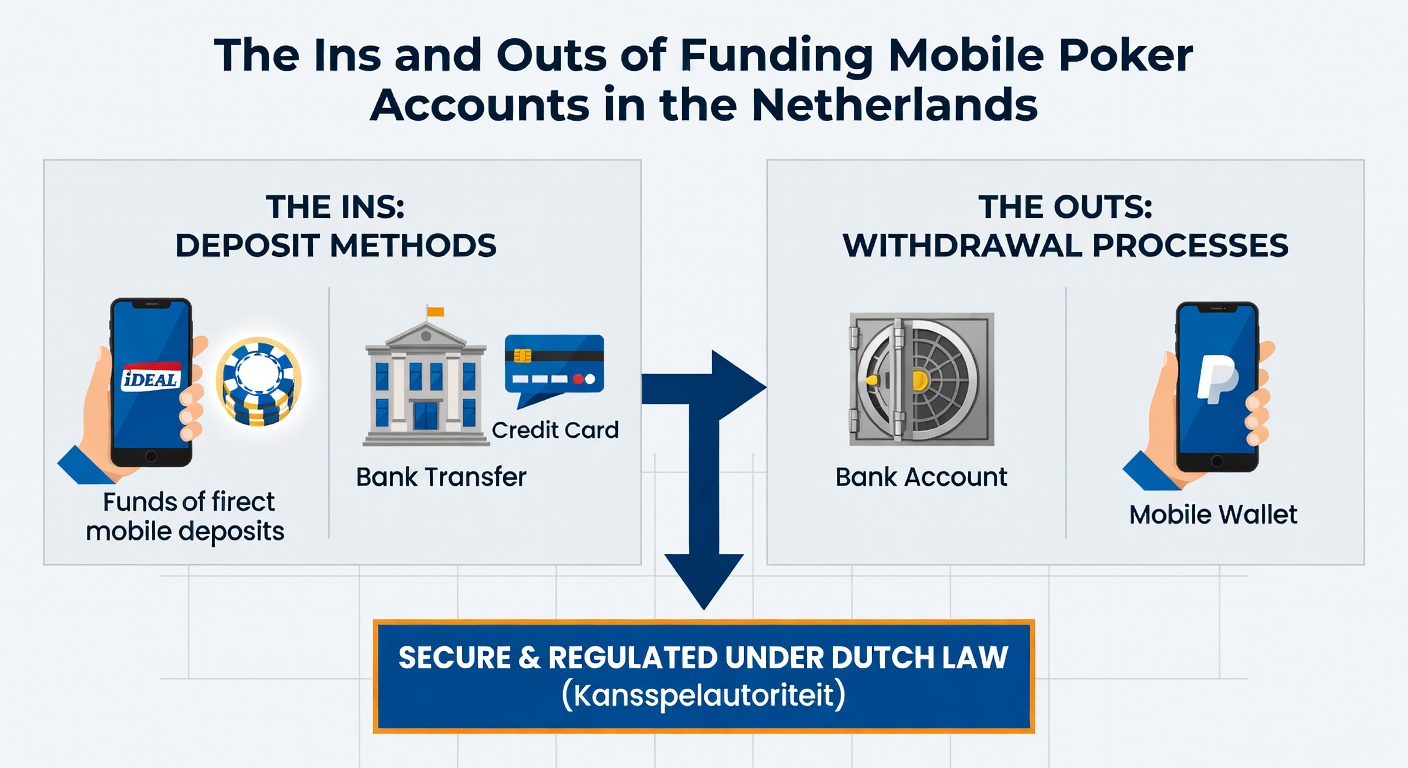 Stapsgewijze interface van een storting in een mobiele pokerapp, met iDEAL-optie geselecteerd