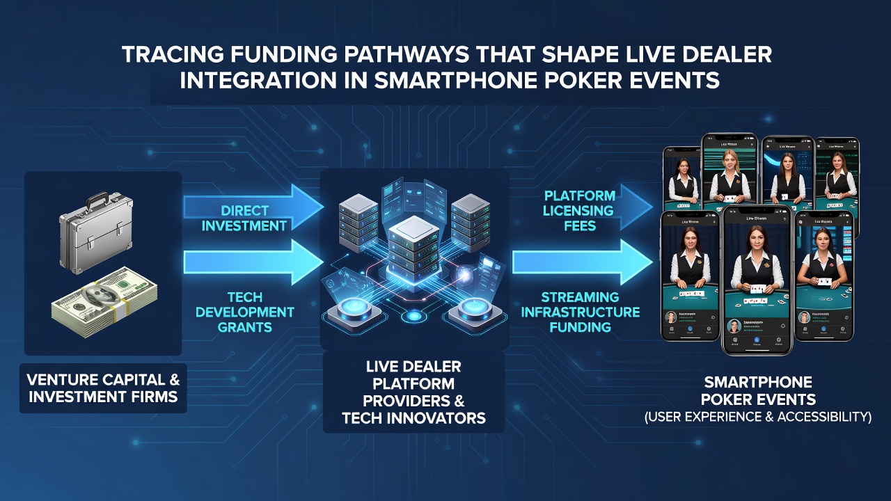 Diagram van kapitaalstromen en technologie integratie in live dealer poker apps